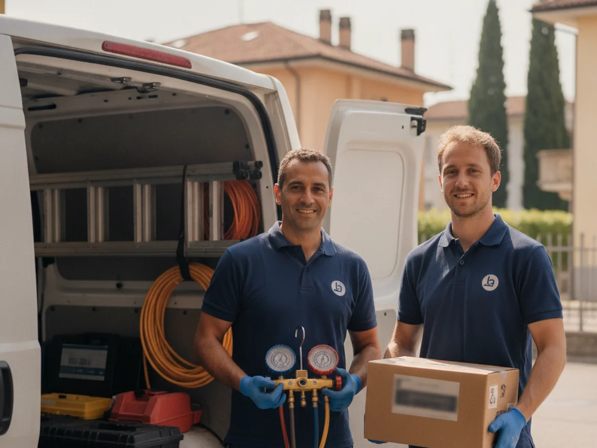 Tecnici di Assistenza Condizionatori Bergamo con il furgone del servizio